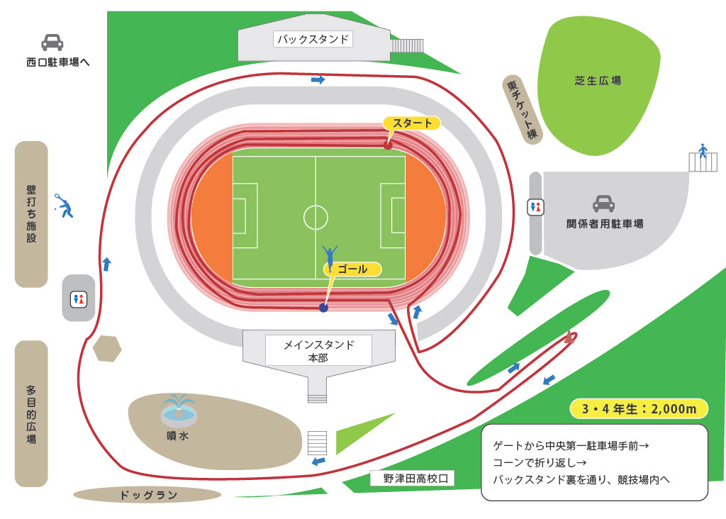 町田こどもマラソン 2kmコース図（小学3・4年生用）